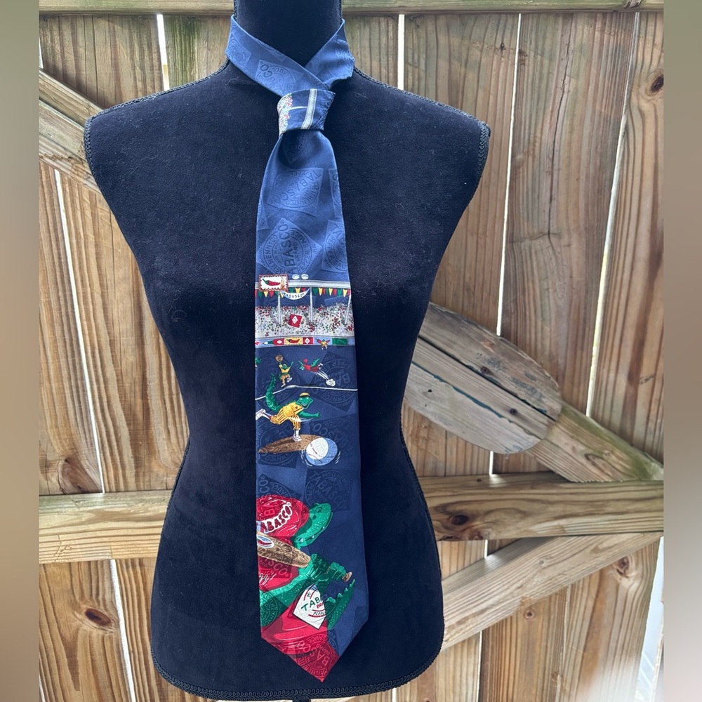 Vintage Tabasco Navy Blue Silk Necktie with Green Alligators Playing Baseball